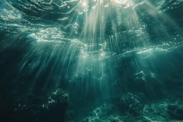 Obraz premium Underwater view of the ocean floor, light rays shining through water surface, creating an ethereal and tranquil atmosphere.