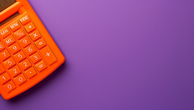 A cheerful orange calculator in the top left corner of a solid purple background, bringing a fun twist to math time.