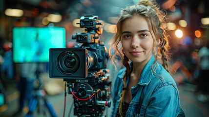 The lens on a person's shoulder is a computer with a completely green screen,generative ai