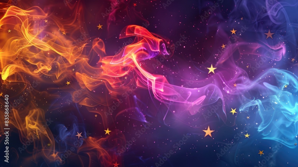 Wall mural Colorful smoke and fire patterns with stars resembling snowflakes on a dark background