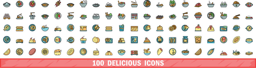 100 delicious icons set. Color line set of delicious vector icons thin line color flat on white