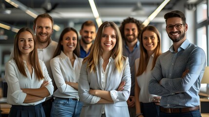 A group of people standing in an office smiling at the camera