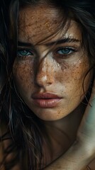 Close-up portrait of a beautiful young woman with freckles on her face