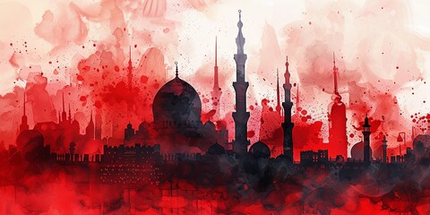 Fototapeta premium Artistic Watercolor Mosques in Red and Green