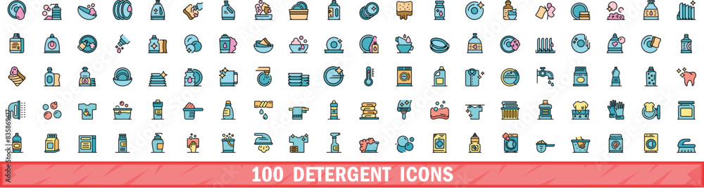 Poster 100 detergent icons set. color line set of detergent vector icons thin line color flat on white