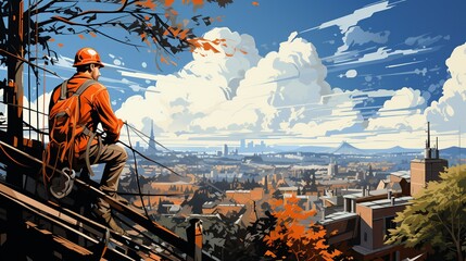 Fototapeta premium A cheerful construction engineer surveys a site from an elevated position using a pair of binoculars, with an urban skyline in the background, planning the next steps. Painting Illustration style,