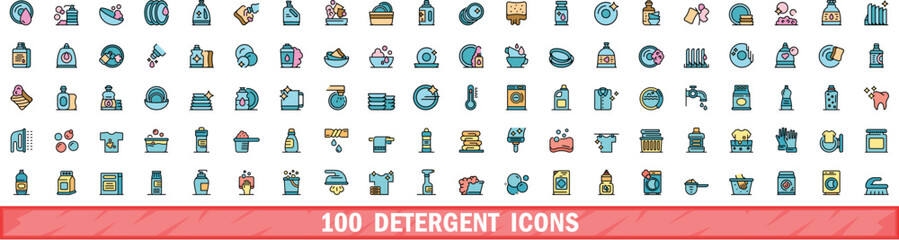 100 detergent icons set. Color line set of detergent vector icons thin line color flat on white