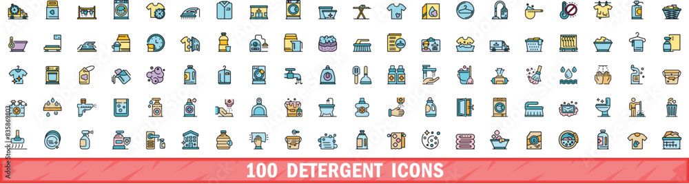 Poster 100 detergent icons set. color line set of detergent vector icons thin line color flat on white