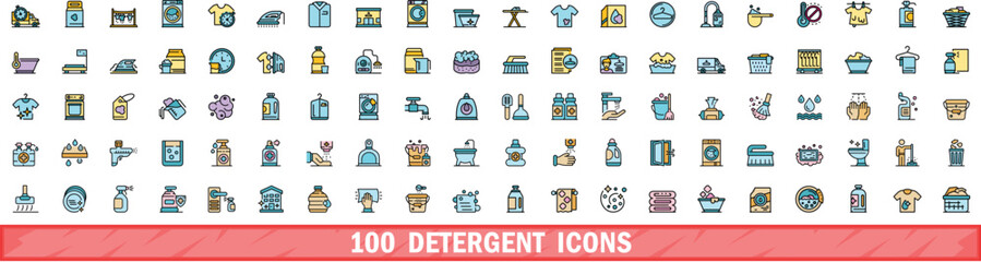 100 detergent icons set. Color line set of detergent vector icons thin line color flat on white