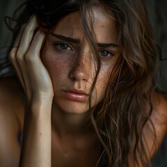 Fototapeta premium Portrait of a young woman with freckles and brown hair