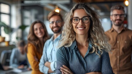 Obraz premium portrait of a smiling businesswoman with her team in the background
