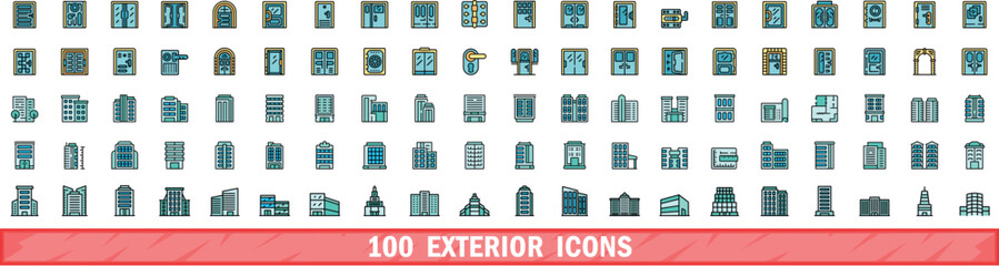 100 exterior icons set. Color line set of exterior vector icons thin line color flat on white