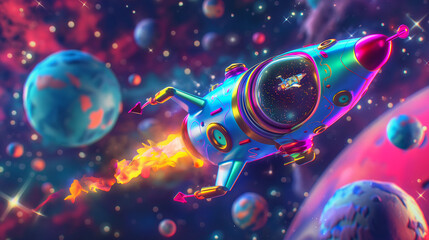 Fototapeta premium 3D Realistic Cartoon Style Space Rocket with Smoke