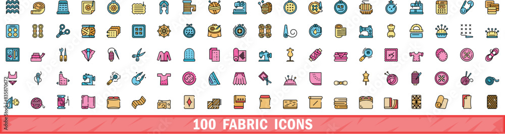 Wall mural 100 fabric icons set. Color line set of fabric vector icons thin line color flat on white - Wall murals