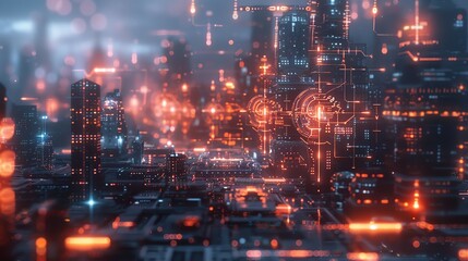 Fototapeta premium Precision Medicine Innovations Close-Up: Personalizing Treatments for Every Patient, Overlay layers with city background and holograms of technology icons are in the foreground, intersected by