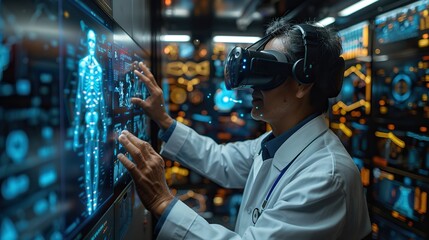 healthcare and medical technology doctor wearing a virtual reality headset and recording diagnosis data from a holographic of a patient on a virtual interface innovation science.illustration