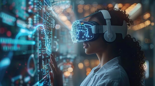 healthcare and medical technology doctor wearing a virtual reality headset and recording diagnosis data from a holographic of a patient on a virtual interface innovation science .stock illustration
