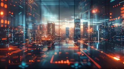 Blurred Boundaries: Transforming Traditional Desks into Futuristic Work Environments, Overlay layers with city background and holograms of technology icons are in the foreground, intersected by