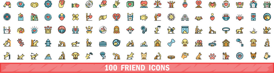 100 friend icons set. Color line set of friend vector icons thin line color flat on white