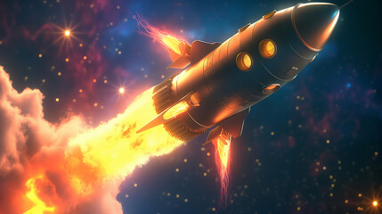 Obraz premium 3D Realistic Cartoon Style Space Rocket with Smoke