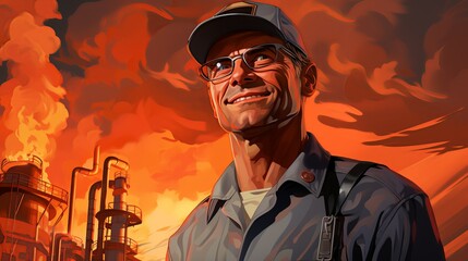 A happy oil refinery engineer walks through the facility with a sense of purpose, greeting colleagues with a nod and a smile, embodying camaraderie and professionalism. Painting Illustration style,