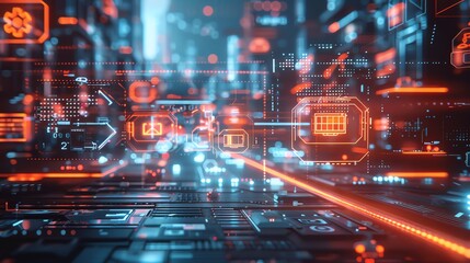 Fototapeta premium Embrace the Future: Remote Working in Futuristic Environments with Blurred Boundaries, Overlay layers with city background and holograms of technology icons are in the foreground, intersected by