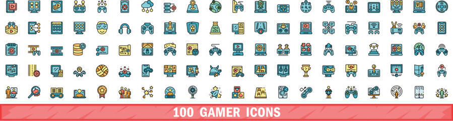 100 gamer icons set. Color line set of gamer vector icons thin line color flat on white