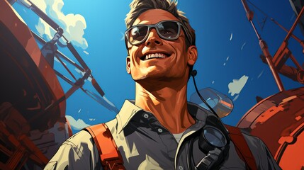 A happy oil refinery engineer walks through the facility with a sense of purpose, greeting colleagues with a nod and a smile, embodying camaraderie and professionalism. Painting Illustration style,