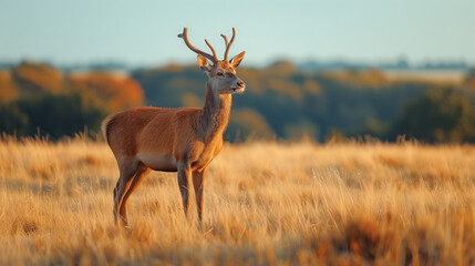 Obraz premium Majestic Male Fallow Deer Amidst Golden Brown Grass Field