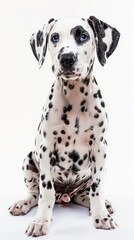 A Dalmatian dog sits on a white background