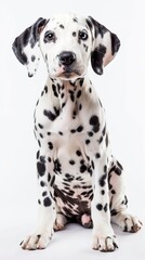 A Dalmatian dog sits on a white background