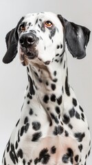 A close-up portrait of a Dalmatian dog with black spots against a white background