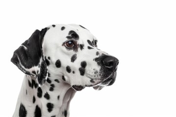 A close-up portrait of a Dalmatian dog with black spots against a white background