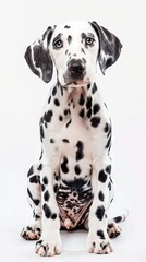 A Dalmatian dog sits on a white background