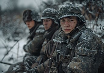 Fototapeta premium Three Soldiers In Winter Camouflage During A Snowfall
