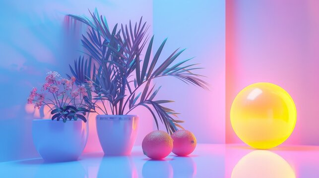 Design a digital composition featuring pastel backgrounds with neon accents. The artwork should highlight the contrast between the gentle, soothing pastel tones and the bold, striking neon elements.