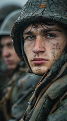 Obraz premium Portrait of a young soldier with blue eyes and a dirty face wearing a military helmet