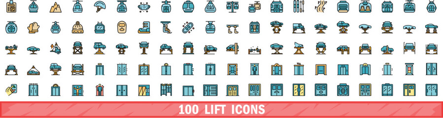 100 lift icons set. Color line set of lift vector icons thin line color flat on white