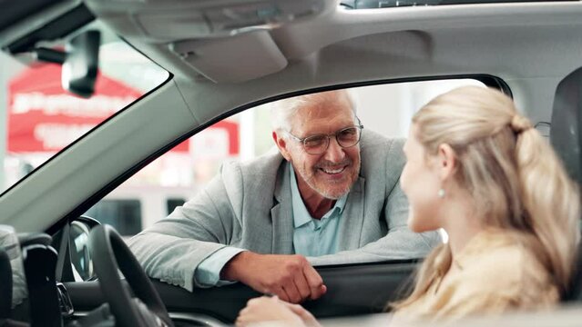 Girl, salesman and key for dealership, sale and discussion for auto deal or purchase. Woman, buyer and vehicle with features, promotion and new car for transportation or travel for ownership pitch