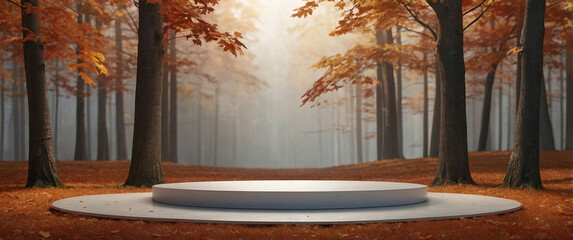 Fototapeta premium The Autumn maple forest scene is a perfect backdrop for an autumn product display. This is a three-dimensional rendering of the scene. 