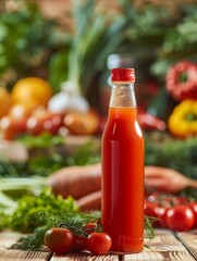 A gourmet vegetable juice bottle, photographed with a shallow depth of field to highlight the label. The background includes blurred images of fresh vegetables and herbs.