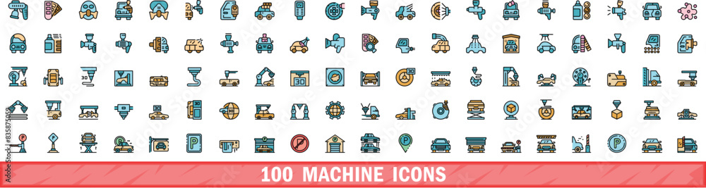 Aufkleber 100 machine icons set. color line set of machine vector icons thin line color flat on white