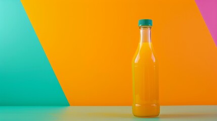 A vibrant vegetable juice in a clear glass bottle, set against a colorful and energetic background. The image includes space for text on the side, ideal for advertising.