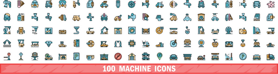 100 machine icons set. Color line set of machine vector icons thin line color flat on white