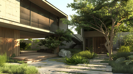 3d rendering of modern cozy house in chalet style with garage with beautiful landscaping on
 background ,Luxury modern house,