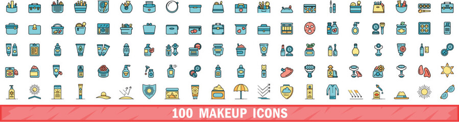 100 makeup icons set. Color line set of makeup vector icons thin line color flat on white