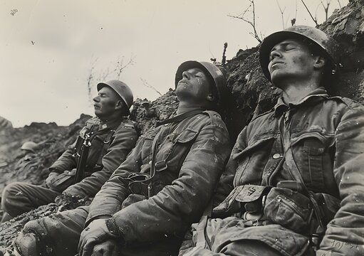 Three soldiers sleeping in a trench during world war i