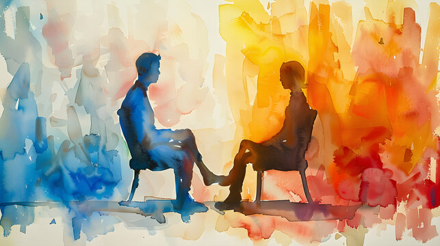 Watercolor painting of two people having a therapy session and discussing mental health concepts.