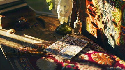 Obraz premium Bohemian chic workspace, close-up on vintage desk with vibrant tapestry, diffused sunlight
