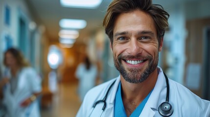 smiling doctor at hospital corridor. stock image